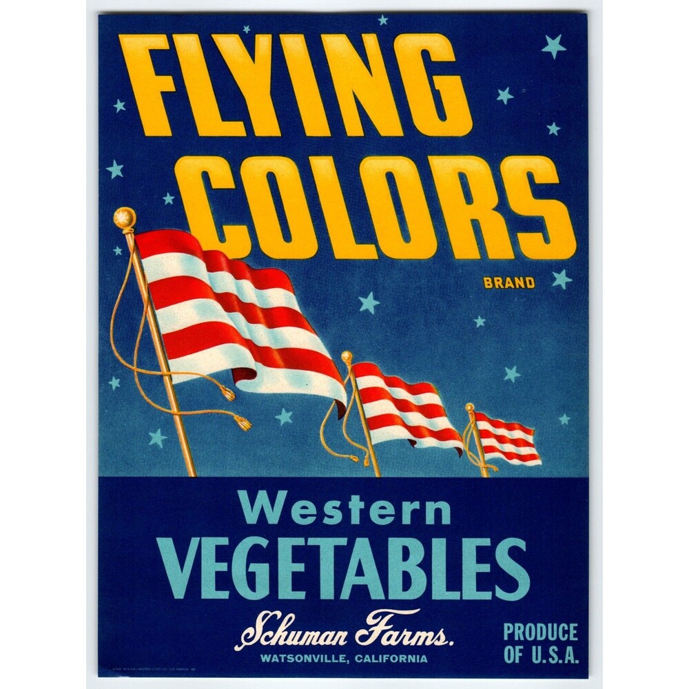 Flying Colors Western Vegetables Crate Label USA Flags 1940s Vintage Original